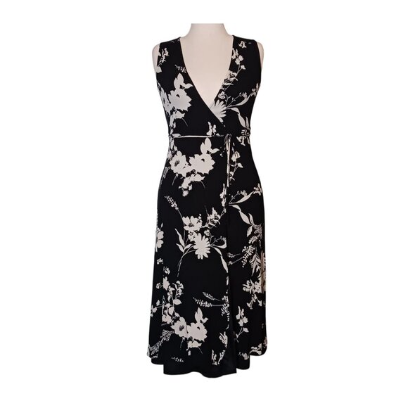 Rokoko Black with White Flowers Sleeveless True Wrap Midi Dress Size M - Picture 1 of 9